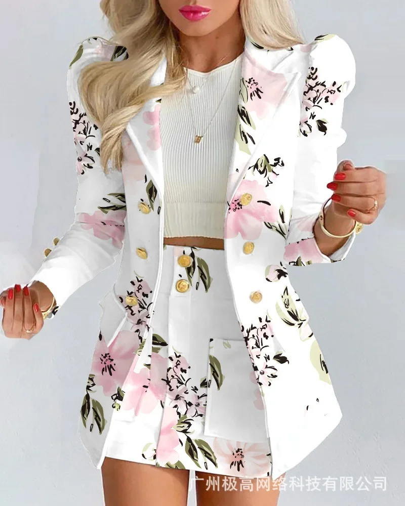 Floral Print Puff Sleeve Double Breasted Blazer Coat Skirt Set Women Spring Summer 2pcs Flower Jacket Business Lady 240704