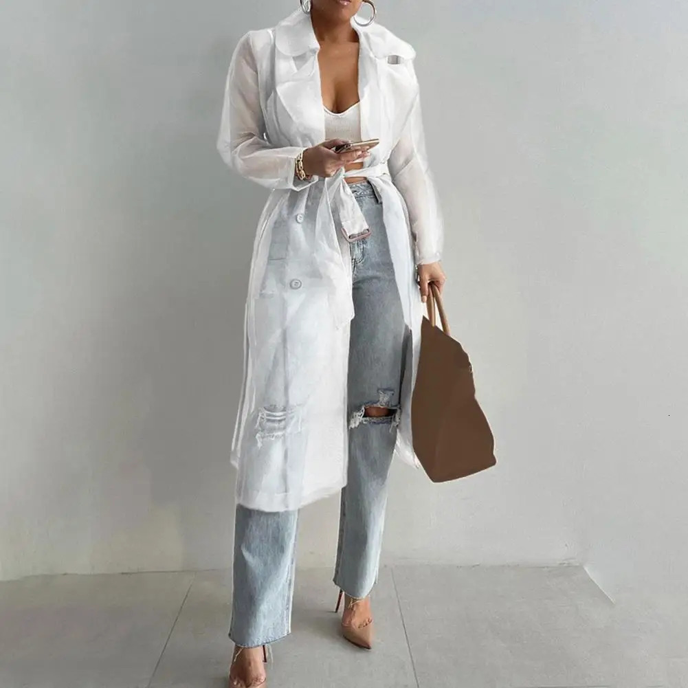 Women Mesh Trench Coat Fashion See Through Jacket Summer Lace-up Sunscreen Shirt Net Yarn Long Shirt Thin Coat With Belt 240703