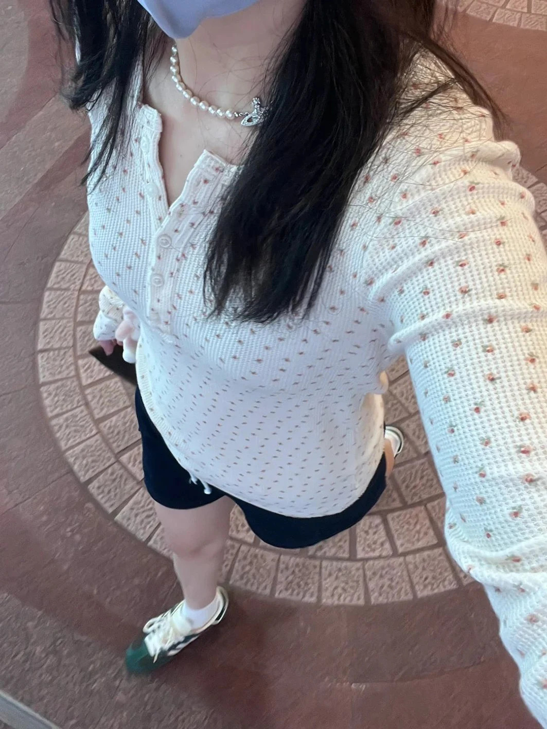 Sweet Floral Waffle Long Sleeve T-Shirt Autumn Round Neck Buttons Slim Cotton Top Clothes Woman Vintage Cute y2k Tee Tops 240701