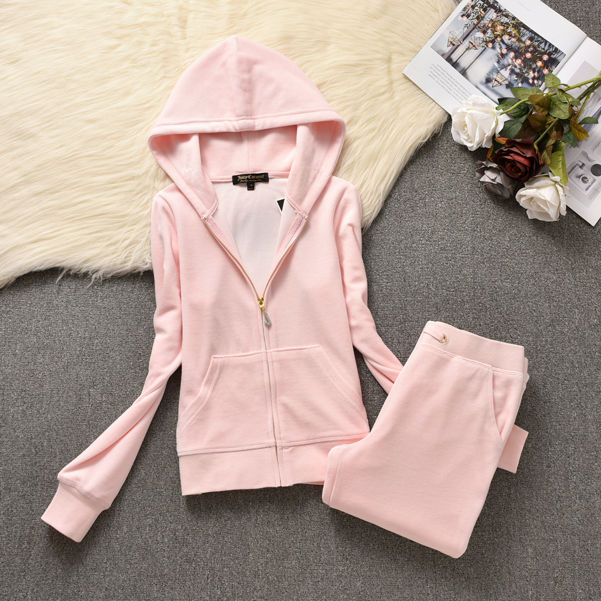 2024 Women's Outfit Juicy Coture Woman Velvet Ladies Crystal Decoration Hoodie Casual Tracksuit Women Two Piece Set C260312