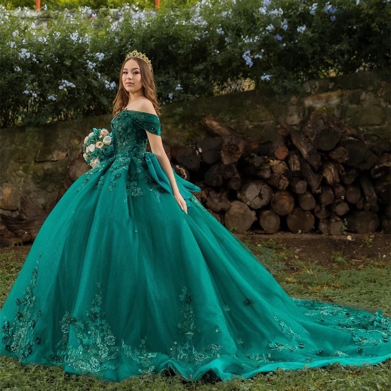 Green Shiny Quinceanera Dresses 2025 Ball Gown Crystal Vestidos De 15 Anos Flowers Sweetheart Beaded Evening Party Dress