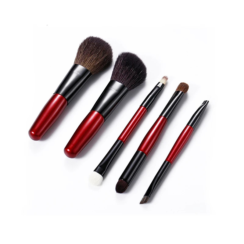 5pcs Makeup Travel Size Brush Red Short Handle Make Up Brush Kit Powder Blush Brush Set 240625