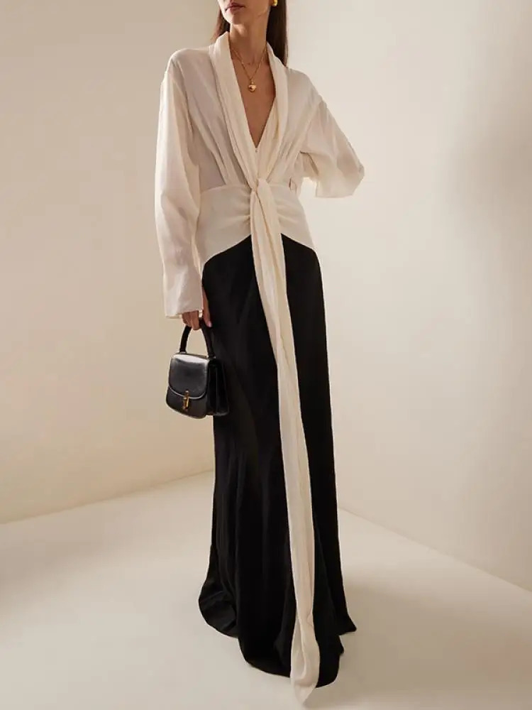 Onecozyday Women Summer Thin Dress Deep V-neck Long Sleeve Loose Fit Party Dresses Contrast Color Wrap Dress for Urban Female 240703