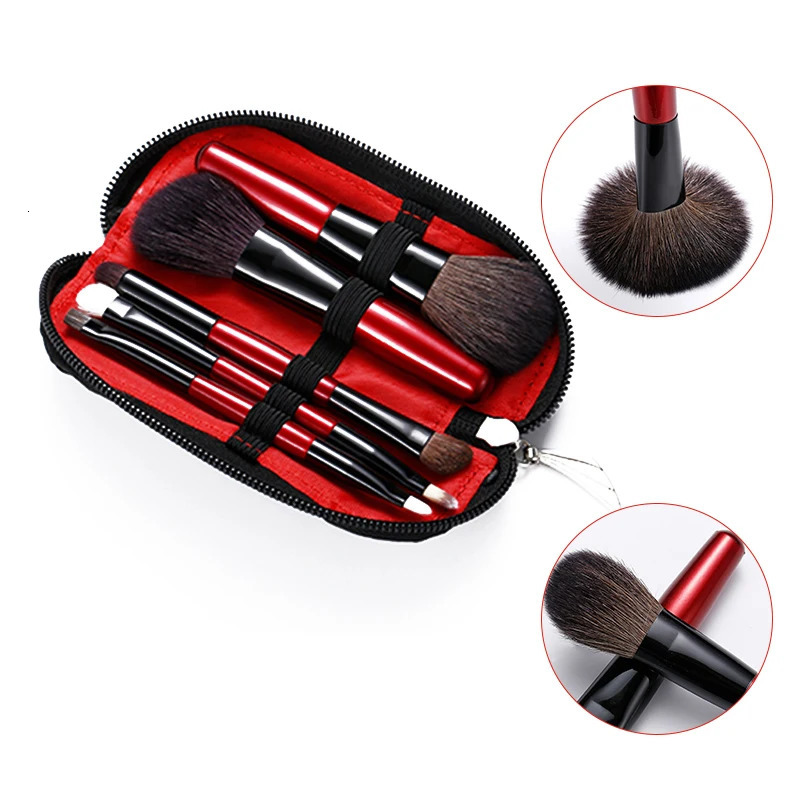 5pcs Makeup Travel Size Brush Red Short Handle Make Up Brush Kit Powder Blush Brush Set 240625