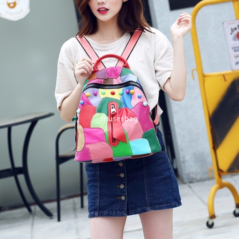 European and American women's fashionable new shoulder bag made of genuine leather practical large capacity backpack cowhide patchwork handbag le