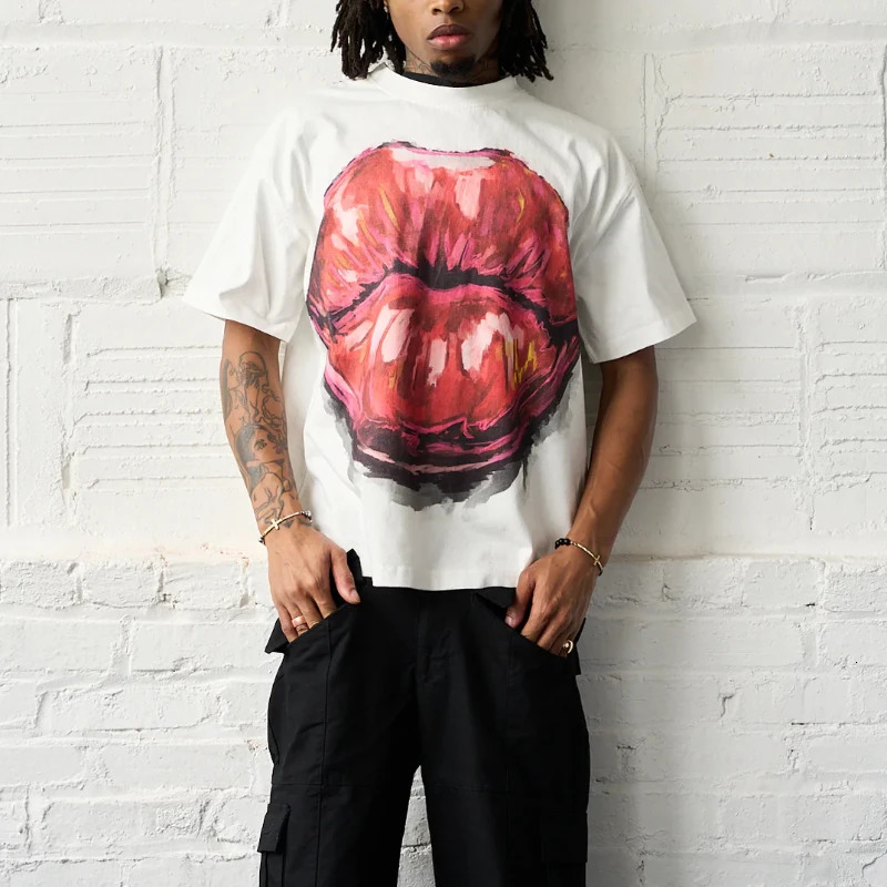 Y2K Harajuku T Shirt Lip Printed Pattern Streetwear Hip Hop Rock Trendy Oils Style Oversized Short Sleeve Boxy Unisex Clothing 240702