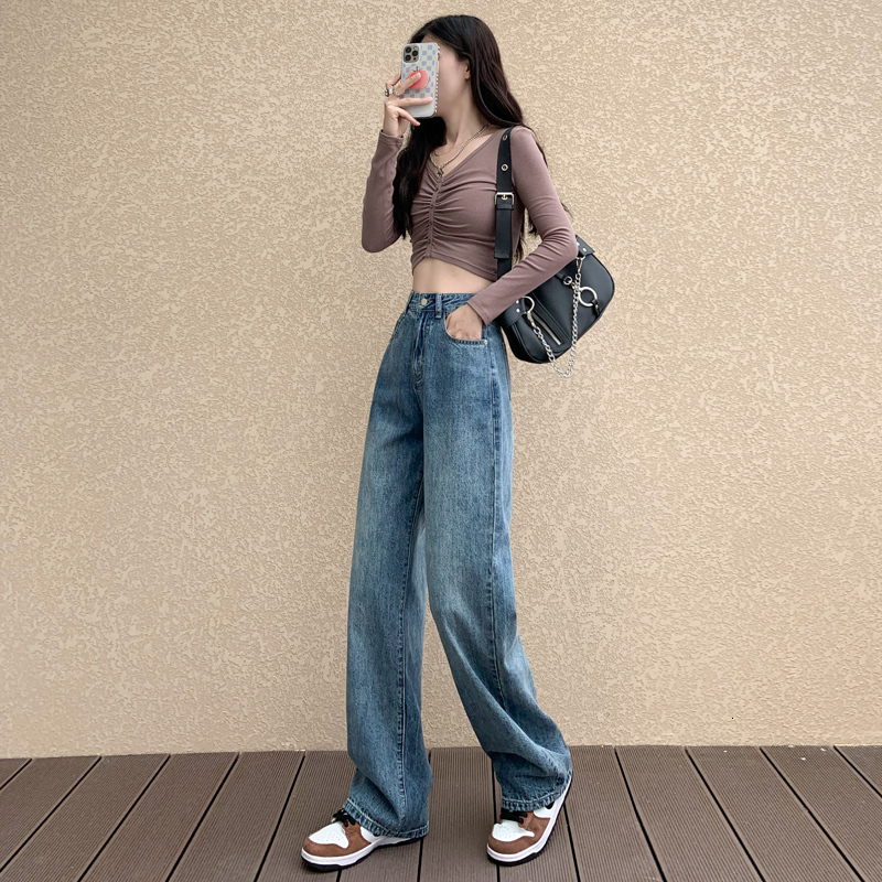 loose sagging jeans high waisted wide leg showing height and slimming floor mop pants F7.4#54