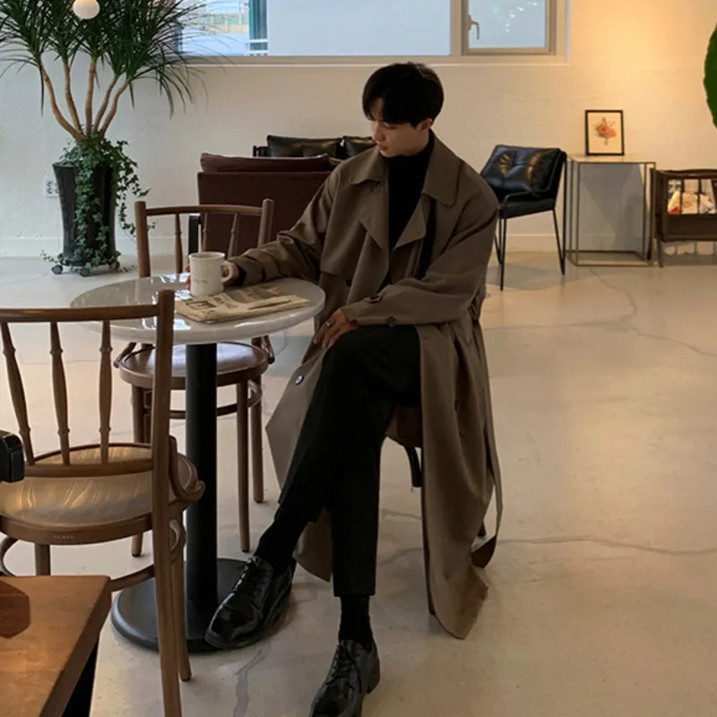 IEFB Mens Wear Korean Trend Windbreaker Mid Long Loose Clothes Handsome Males Autumn Casual Trench Coat With Belt 4312 240701