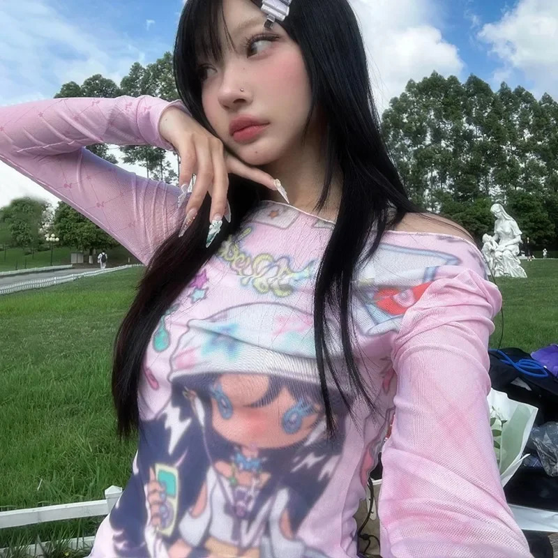 2000s Anime Pattern See-through Long-sleeved T-shirt Kawaii Clothes Japanese Y2k Long-sleeved T-shirt Harajuku Retro T-shirt 240701