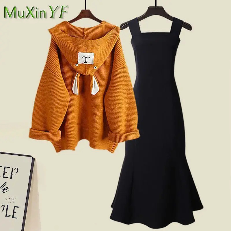 AutumnWinter Fashion Hooded Knit Sweater Dress Two Piece Suit Womens Korean Elegant Cardigan Strap Skirt Matching Set 240704