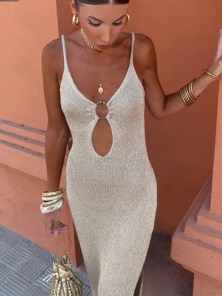 Metal Ring Link Hollow Out Long Dress Women Chic Sleeveless Backless Sling Knit Robes Summer Ladies Party Dresses 240703