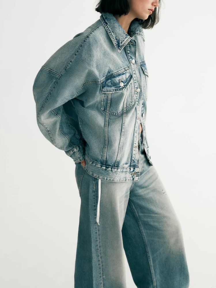 ZBZA Fall Womens Oversized Denim Jacket Wide Leg Jeans Suit Lapel Long Sleeves Coat Lowrise Ripped 240702
