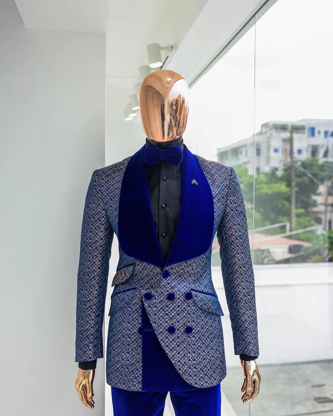 Floral Jacquard Tuxedos For Men Wedding Slim Fit Royal Blue Velvet Shawl Lapel Double Breasted Jacket 2 Pieces Male Costume