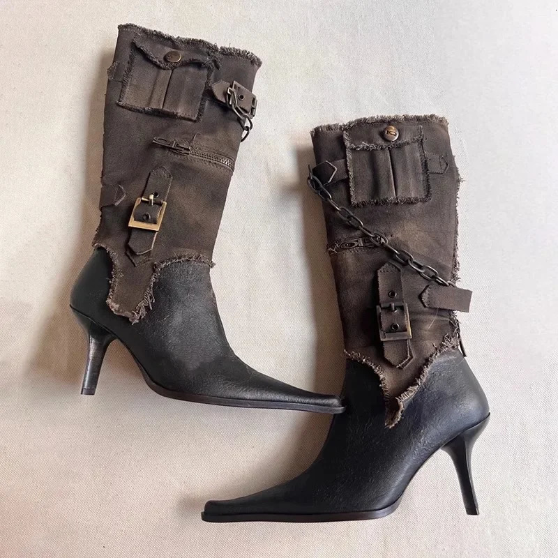 Vintage Pointed Belt Buckle Western Cowboy Boot Womens Fashion Metal Chain Detachable Two Wear Tooling Womens Boots 35-39 240703