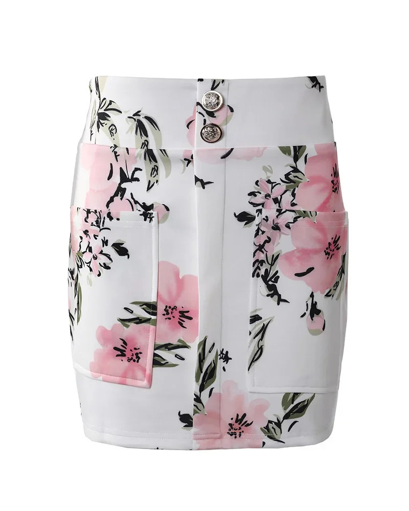 Floral Print Puff Sleeve Double Breasted Blazer Coat Skirt Set Women Spring Summer 2pcs Flower Jacket Business Lady 240704