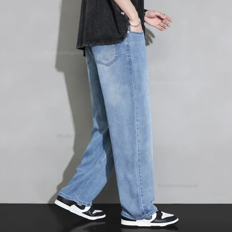 Summer 100 Lyocell Cozy Jeans Men Soft Fabric Elastic Waist Denim Trousers Male Clothes Korea Baggy Straight Casual Pants 240702