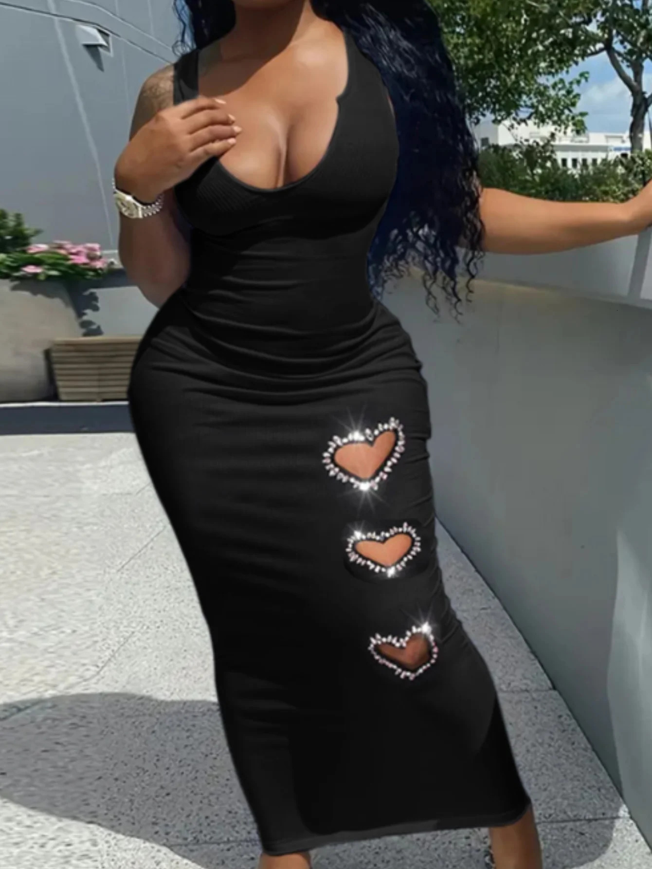 LW Plus Size Heart Decor Bodycon Cami Dres Spring Summer Solid Color Sleeveless U Neck Ankle Length Party Dress Vestidos 240702