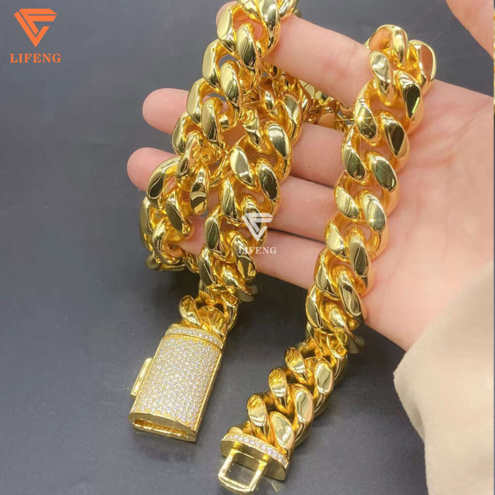 Lifeng Jewelry Hiphop 14mm 14k Gold Plain Cuban Link Chain Custom Moissanite Button Miami Necklace