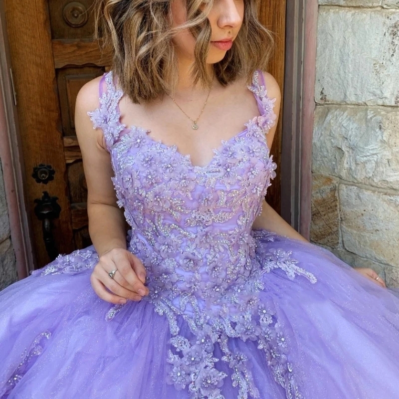 Lavender Princess Quinceanera Dress Off Shoulder Applique Lace Beads Chape Train Prom Lace Up Corset Sweet 16 vestido 15