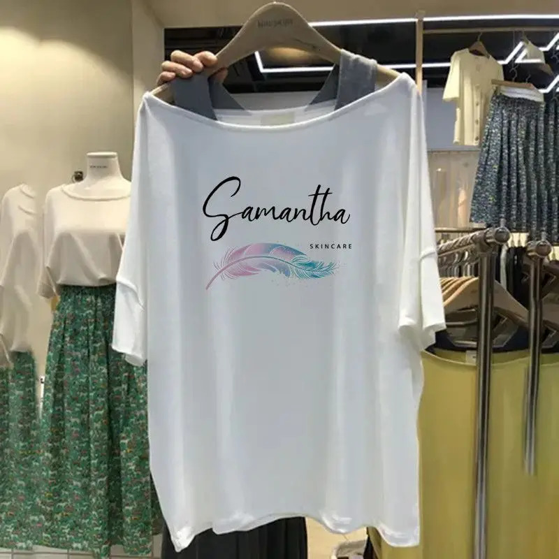 Summer Street Casual Sling Off Shoulder T Shirts Short Sleeve Letter Printing Loose Tops Tees Fashion Trend Women Clothing 240627