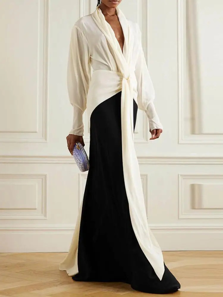 Onecozyday Women Summer Thin Dress Deep V-neck Long Sleeve Loose Fit Party Dresses Contrast Color Wrap Dress for Urban Female 240703