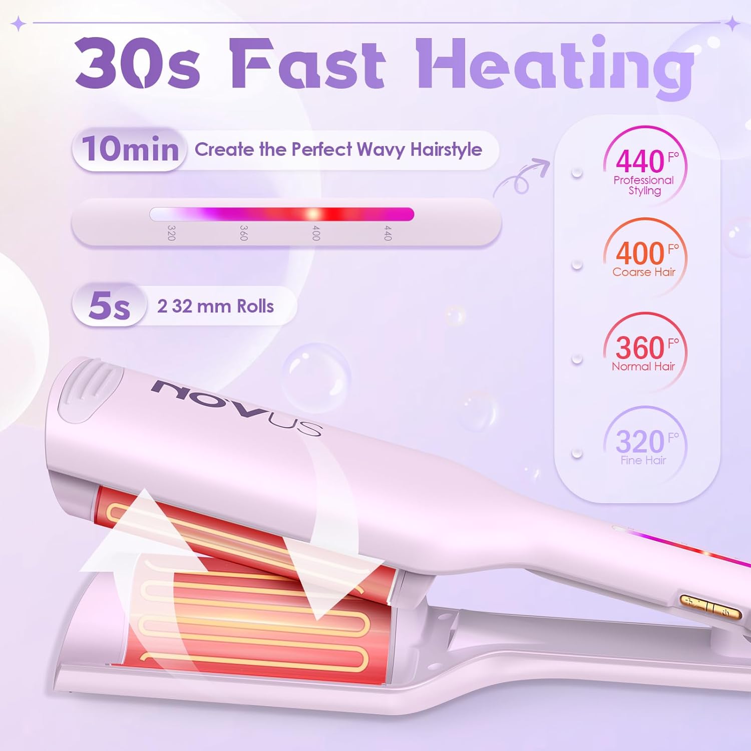 Rovy Wave Curling Iron - Anti-Scald Hair Crimper, 2 Barrel Ionic Waver for Women, 1.25" Fast Heating Curling Wand, 4 Temp Settings, Ceramic Deep 