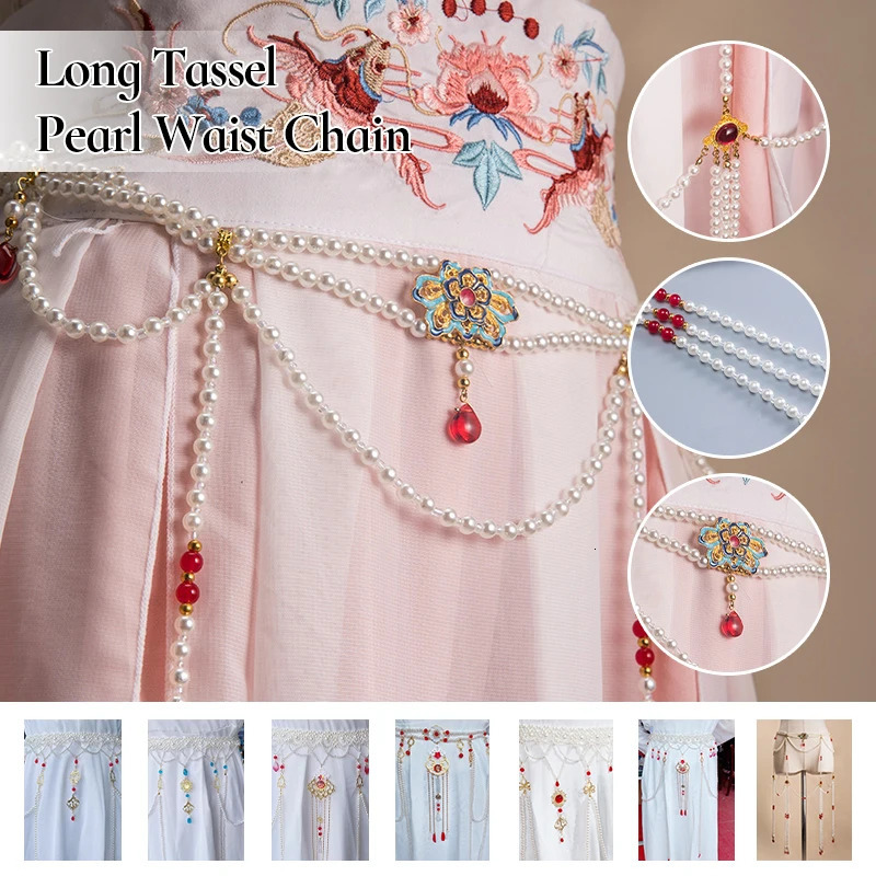 Chinese Ancient Style Long Tassel Pearl Waist Belt Tang Dynasty Hanfu Waist Chain Costumes Dunhuang Accessories Costume Props 240701