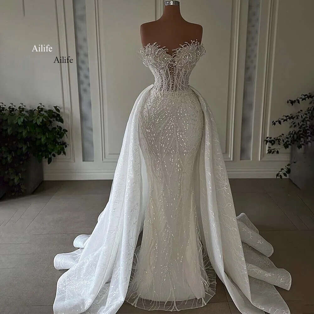 Sequins Sparkly Mermaid Wedding Dress For Bride Sweetheart Neck Lace Beads Vestido De Noiva Sereia Bridal Gowns Charming