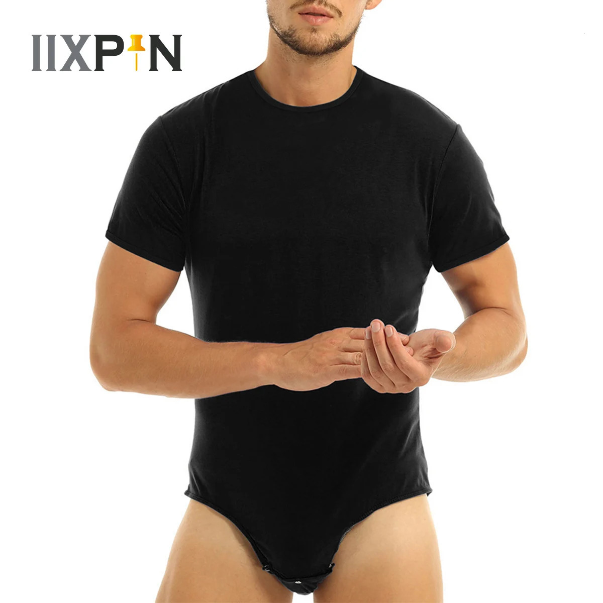 Men Adults Slim Bodysuit Bodybuilding Undershirts Short Sleeves Press Crotch Leotard T-shirt One Piece Underwear Romper Pajamas 240703