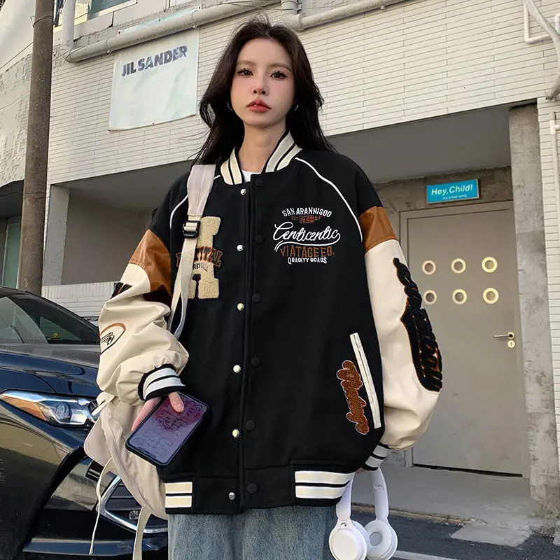 Deeptown Vintage Bomber Jacket Women Harajuku Varsity Baseball Jackets Korean Fashion College Uniform Oversized Streetwear Y2k 240702