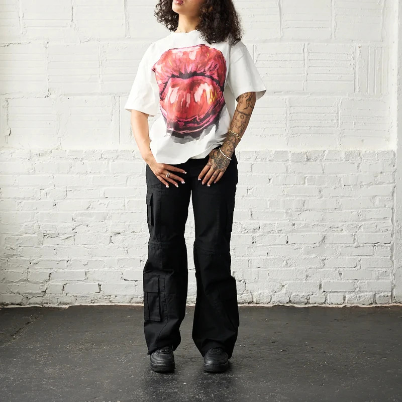 Y2K Harajuku T Shirt Lip Printed Pattern Streetwear Hip Hop Rock Trendy Oils Style Oversized Short Sleeve Boxy Unisex Clothing 240702