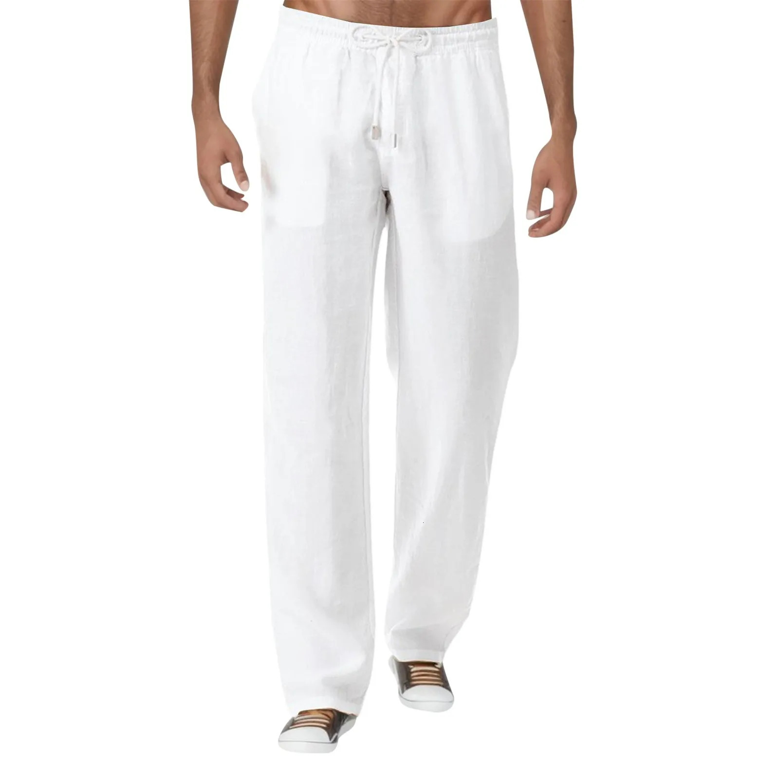Summer Mens Casual Fashion Pants Natural Cotton Polyester Trousers White Elastic Waist Straight Pant 240703