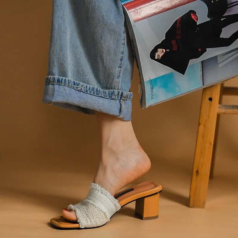 Women Open Toe High Heel Slippers Retro Chunky Heel Platform Slides Summer Breathe Comfort Sandals zapatillas 240704