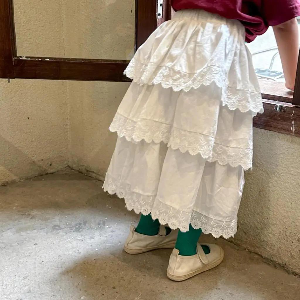 Kids Girls Tiered Skirt Lace Princess Pure Cotton Childrens Spring Autumn Baby Girls Cake Long Skirt Toddler Girl Dress 240703