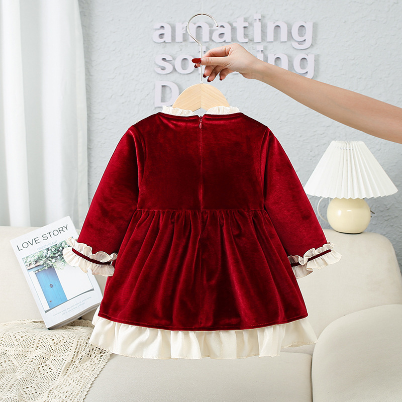 Toddler Girl Red Vintage Velvet Dress Children Lace Bow Lolita Princess Dresses Baby Christmas Frocks Kids Spanish Vestidos 210615
