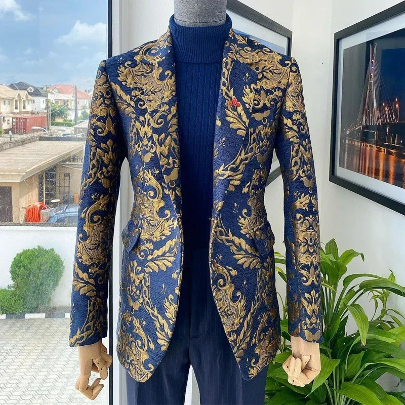Floral African Men Suits For Wedding Jacquard Slim Fit Groom Tuxedo 2 Pcs Navy Blue Custom Jacket With Pants Male Costume 240701