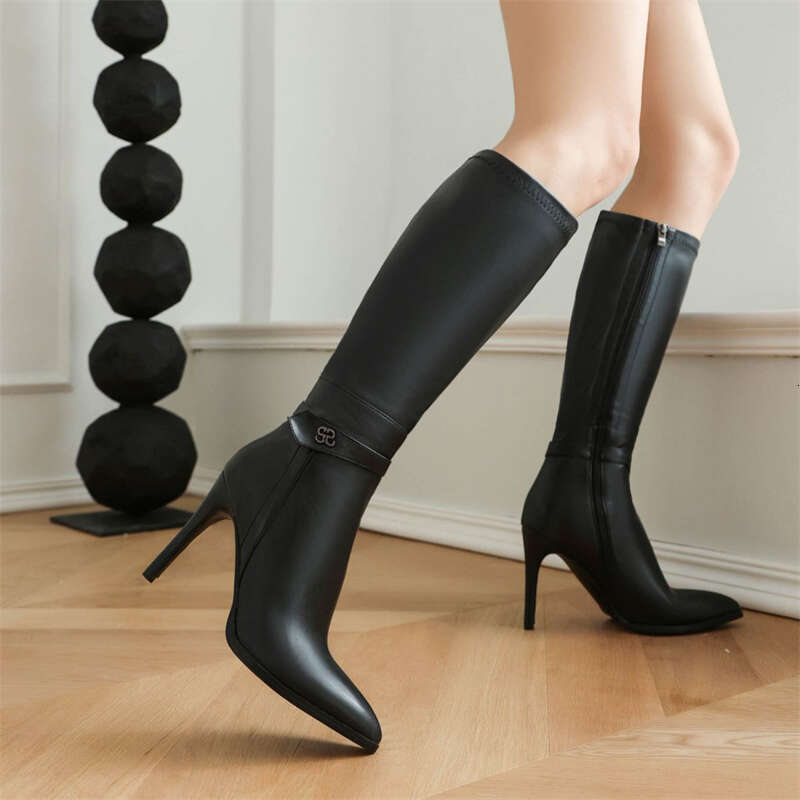 Sexy Knee High Boots Women New 2023 Winter Point Black Heels Long Boot Patent Dance Party Shoes Female Large Size 44 46