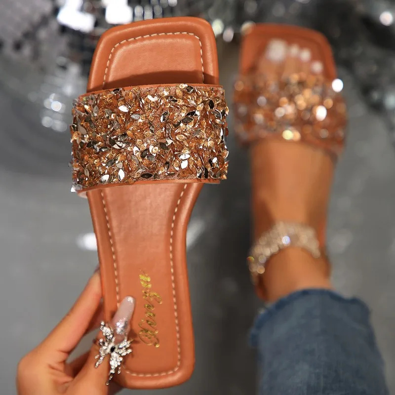 2024 Summer Womens Flat Sandals Shining Outdoor Open Toe Walking Comfortable Fashion Casual Women Slippers Plus Size 43 240704