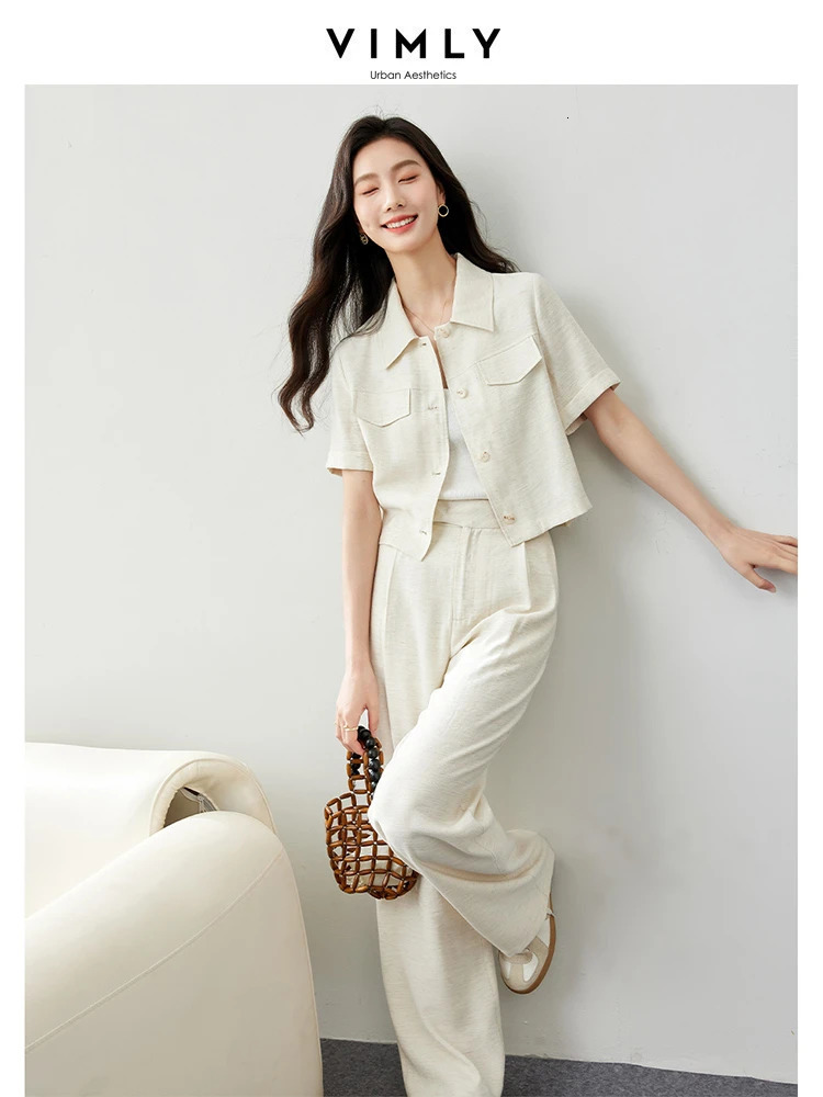 VIMLY Womens Solid Pants Set Summer Simple Turtleneck Cardigan TShirt TopStraight Slim Blazer Two Piece 240702