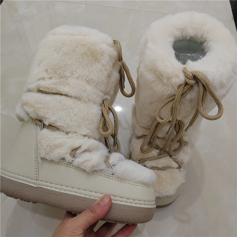 2024 Winter Long Women Rabbit Snow Brand Platform Lace-Up Fluffy Furry Fur Ski Female Warm Cotton Boots