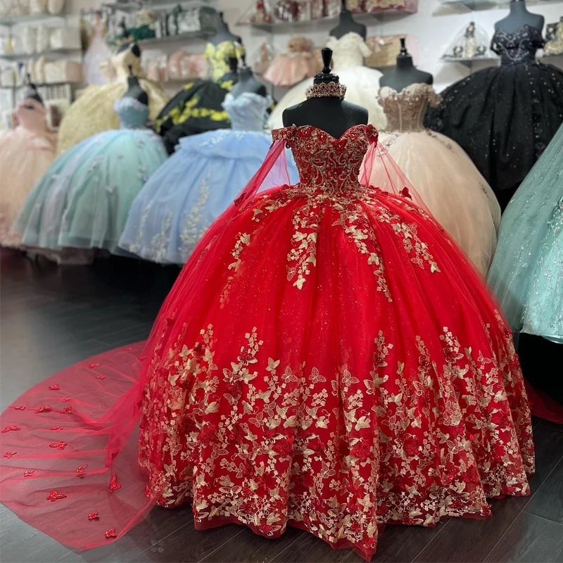 Red Shiny Quinceanera Dress 2025 With Cape Ball Gown Sleeveless Gold 3D Bow Corset Vestido De 15 Anos
