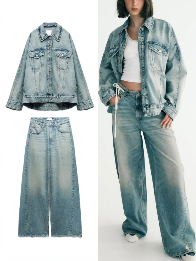 ZBZA Fall Womens Oversized Denim Jacket Wide Leg Jeans Suit Lapel Long Sleeves Coat Lowrise Ripped 240702