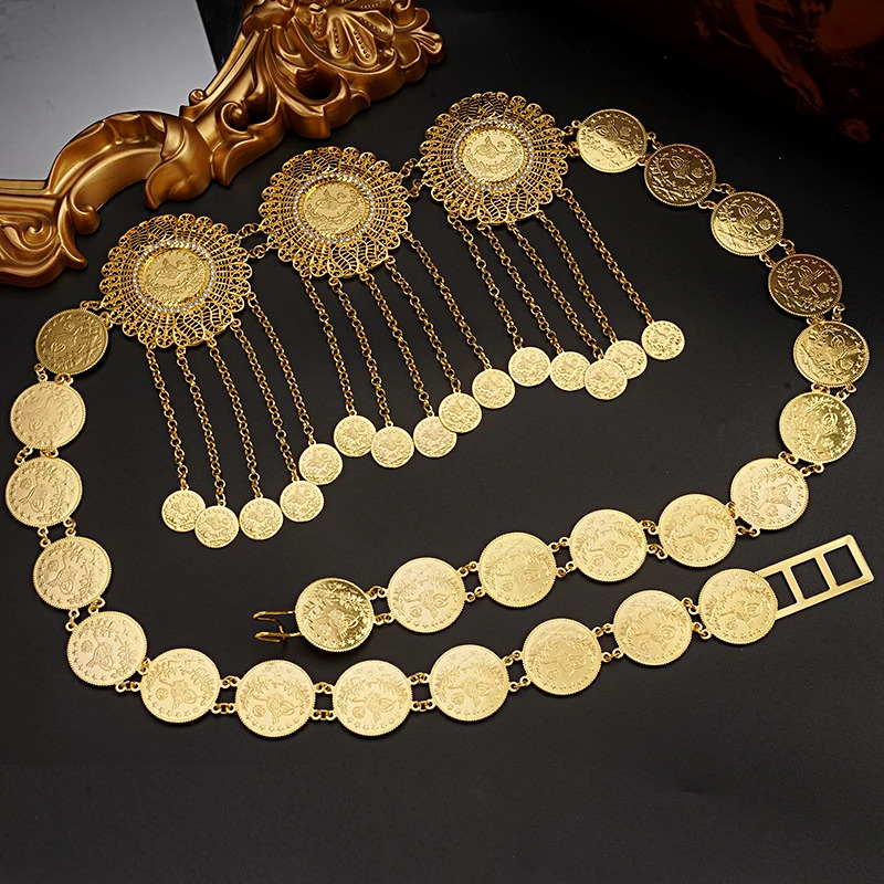 Oman Kurdistan Women Body Chain Coin Tassel Waist Chain Middle East Bridal Jewelry Turkey Coin Gold Plated Belt 240701
