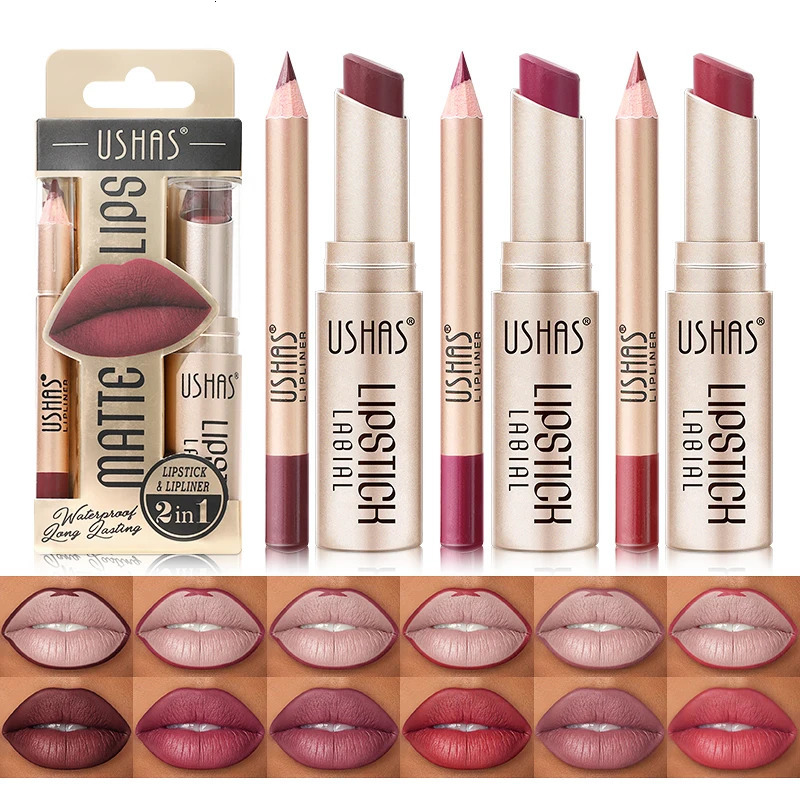 2 In 1 Lipstick Set Makeup Matte Lipstick Lip Liner Pencil Waterproof Lasting Cosmetics Nude Brown Contour Tinted Lip Balm Kit 240703
