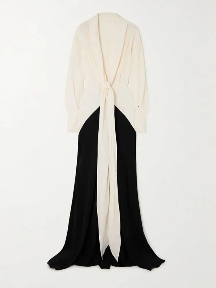 Onecozyday Women Summer Thin Dress Deep V-neck Long Sleeve Loose Fit Party Dresses Contrast Color Wrap Dress for Urban Female 240703