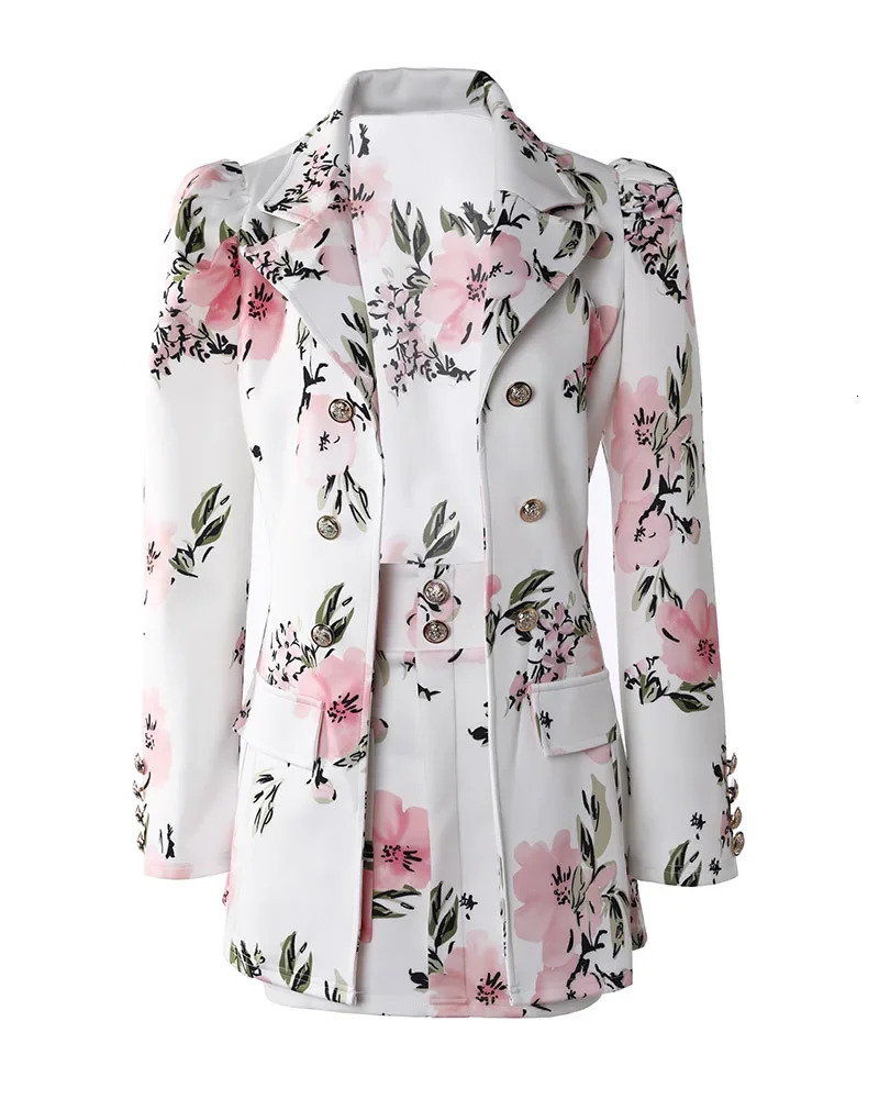 Floral Print Puff Sleeve Double Breasted Blazer Coat Skirt Set Women Spring Summer 2pcs Flower Jacket Business Lady 240704