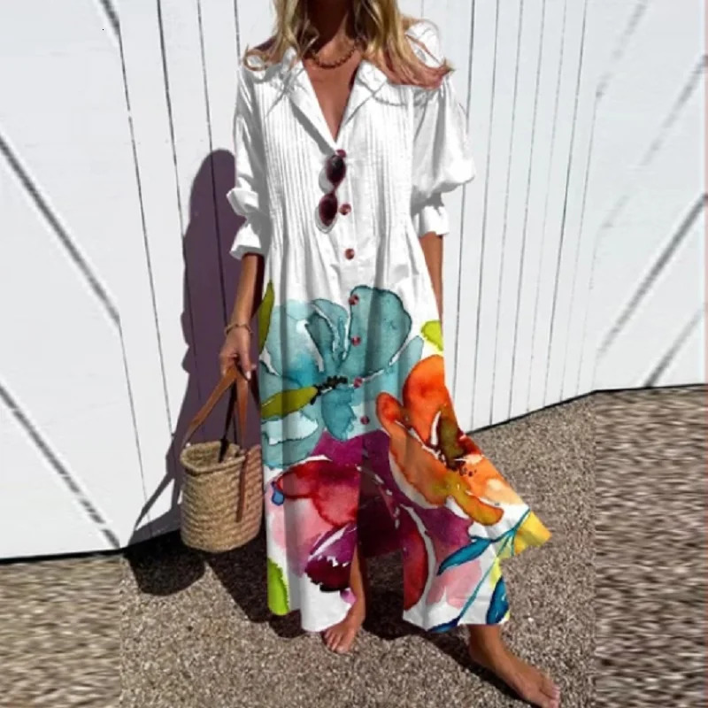 Women Retro Geometry Circle Print Long Dress Spring Single Breasted Lapel Shirt Summer Puff Short Sleeve ALine Boho 240627