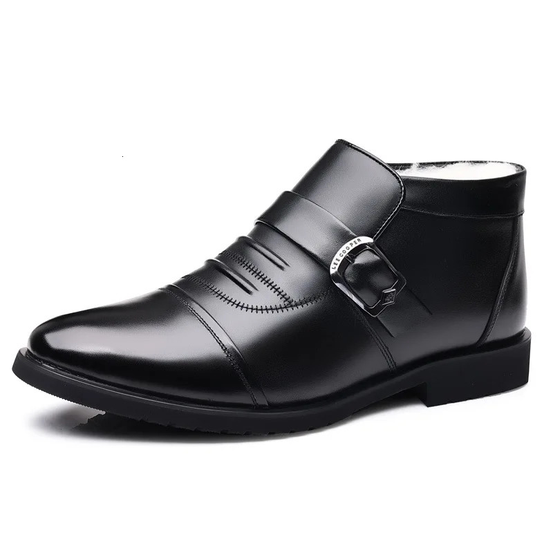 British Style Fall Winter High Top Warm Fur Shoes Formal Business Dress Shoes Plush Ankle Boots Mens Cotton Shoes Father 240703