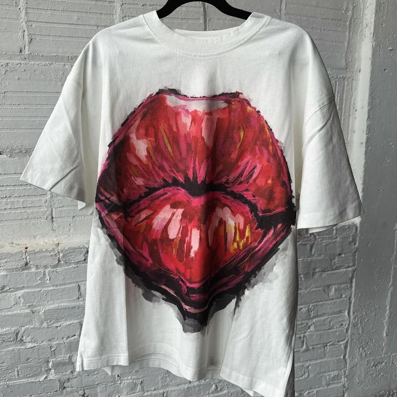Y2K Harajuku T Shirt Lip Printed Pattern Streetwear Hip Hop Rock Trendy Oils Style Oversized Short Sleeve Boxy Unisex Clothing 240702