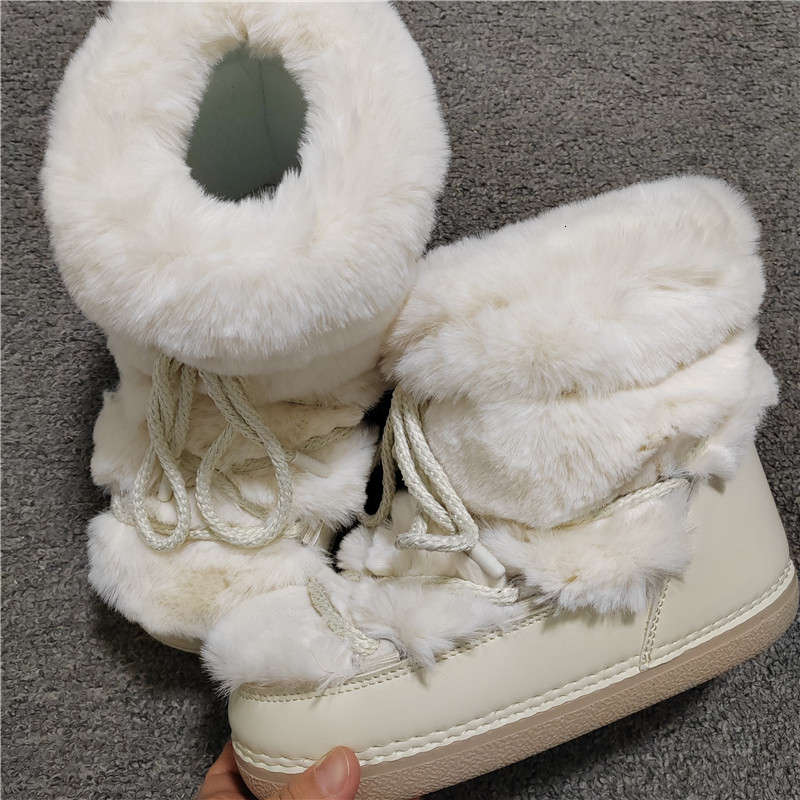 2024 Winter Long Women Rabbit Snow Brand Platform Lace-Up Fluffy Furry Fur Ski Female Warm Cotton Boots